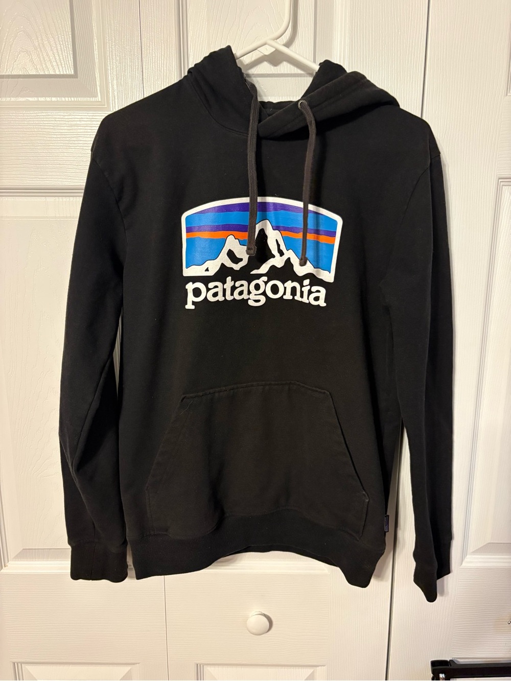 Patagonia Black Pullover Hoodie with Multicolor Mountain Logo